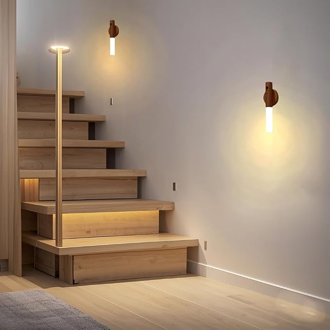LANDGOO Wooden Motion Sensor RGB Night Lights Indoor, Magnet Body Hallway Rechargeable LED Wireless Battery Operated Wall Sconce (RGB Walnut Wood 2Pcs)