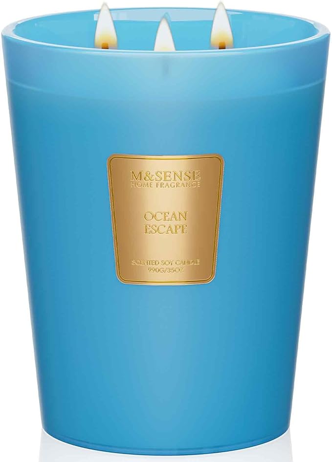 M&SENSE Ocean Escape Soy Candle, 35oz 3-Wick, Summer Beach Vacation Scent | 150H Slow Burn, Non-Toxic, Large Jar, Coastal Calm Summer Bathtub Stress Relief Scent, Relaxing Home Fragrance
