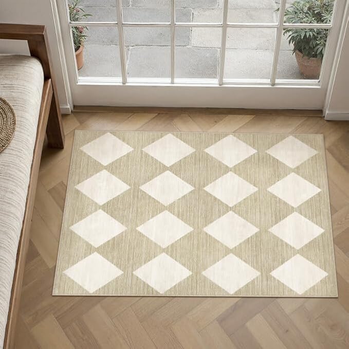 PureCozy Machine Washable Beige 2x3 Area Rugs for Entryway Modern Soft Checkered Indoor Door Mats Non-Slip Stain Resistant Low Pile Accent Small Rug for Bedroom Kitchen Laundry Entrance