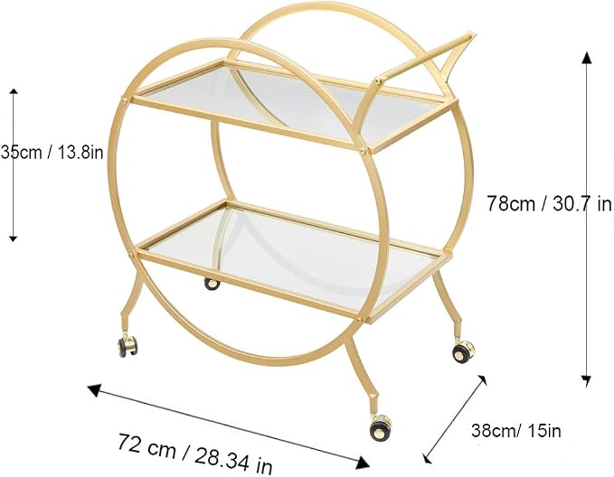 Bar Cart with 2 Mirrored Shelves, Modern Metal Bar Serving Cart, Gold Round Bar Carts for The Home/Kitchen/Club/Living Room, Rolling Wheeled Design (28.34''14.96''30.7'')