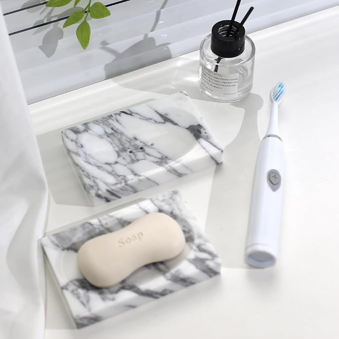 Luxurious Natural Marble Soap Dish Tray Marble Soap Holder Trinket Plate for Bathroom Sink Kitchen Countertop Bedroom Vanity Bathroom Accessory Rectangular (2 Pack)
