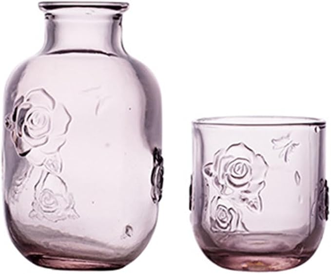 Pink Rose Flower Vintage Bedside Water Carafe and Glass Set, 15 oz Clear Glass Water Carafe with Tumbler for Bedroom Nightstand, Fruit Juice Milk Carafes, Mouthwash Decanter for Bathroom