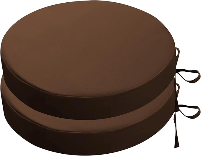 SK Studio Round Outdoor Chair Cushions for Patio Furniture, Set of 2 Waterproof Patio Chair Cushion with Adjustable Ties for Garden Sofa Couch, Coffee, 19"x19"x3"