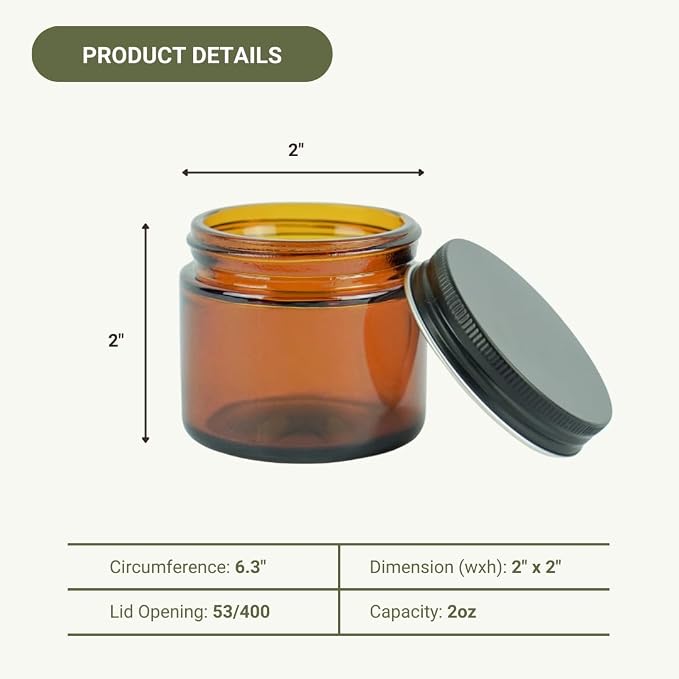 Glass Amber 2oz Jar - 12 Packs, Lead-Free Empty Round Jars For Beauty Products, Lotion, and Powders - Black Lid - Small Candle Jars