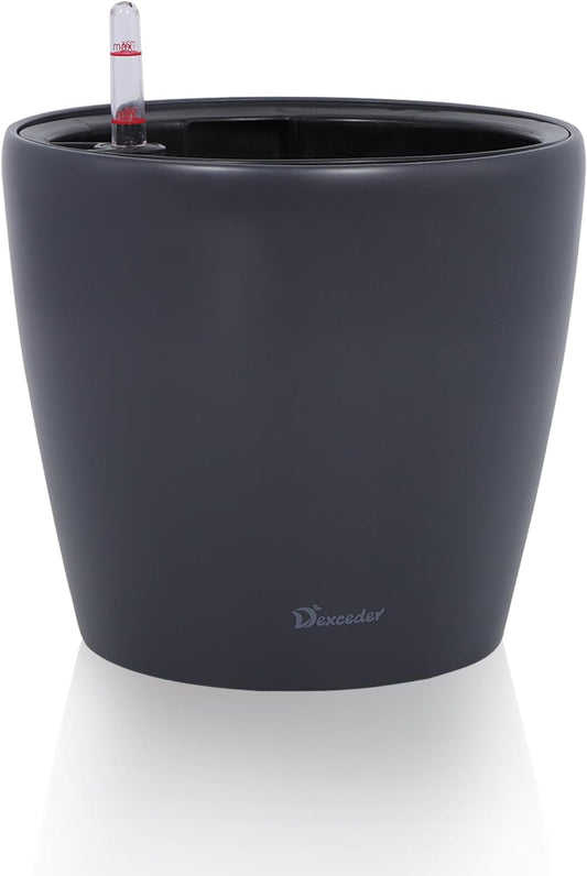Dexceder 11x10 Inches Self Watering Planter Indoor Outdoor, Inner Pot Design, Thickened Table Flower Plant Pot with Water Level Indicator (Slate Gray Matte)