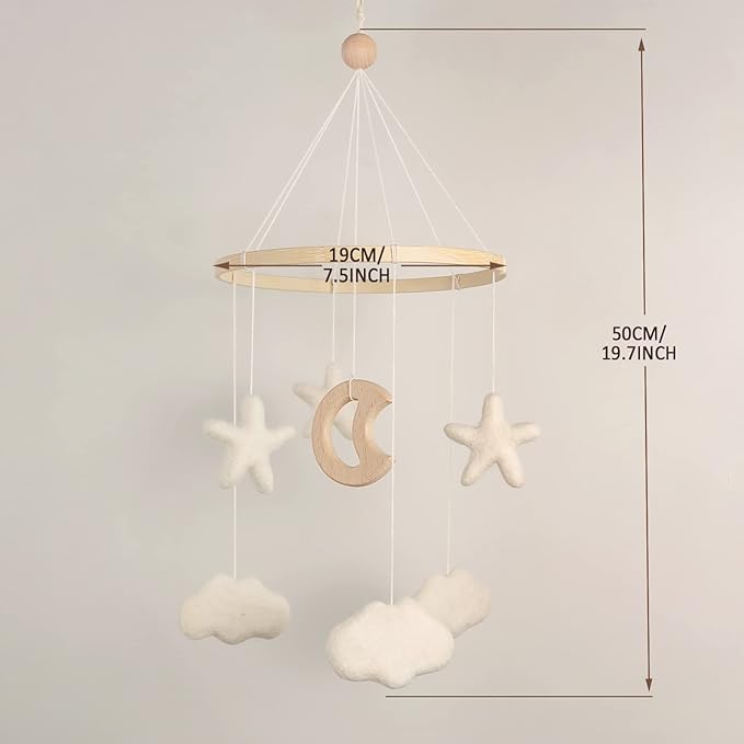 Mobile for Crib - Baby Mobile for Crib - Baby Crib Mobile - Crib Mobile for Girls, Boys - Baby Mobile for Bassinet - Gender Neutral Color Theme - Felt Cloud, Felt Star, Wood Moon