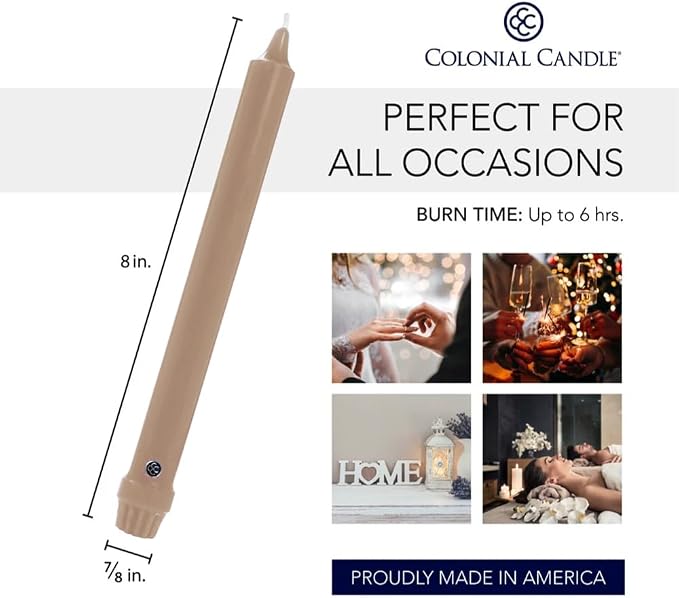 Colonial Candle Unscented Taper Candle, Classic Collection, Mocha, 8 in, Pack of 12 - Up to 6 Hours Burn