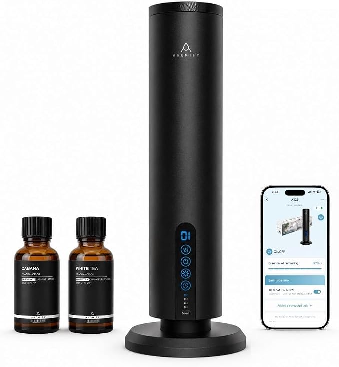 Breeze Waterless Diffuser, Cordless & Rechargeable Fragrance Oil Diffuser with Cabana & White Tea Oils Included, 1200 Sq Ft Coverage, Bluetooth & App Control, Cold Air Diffuser, Black