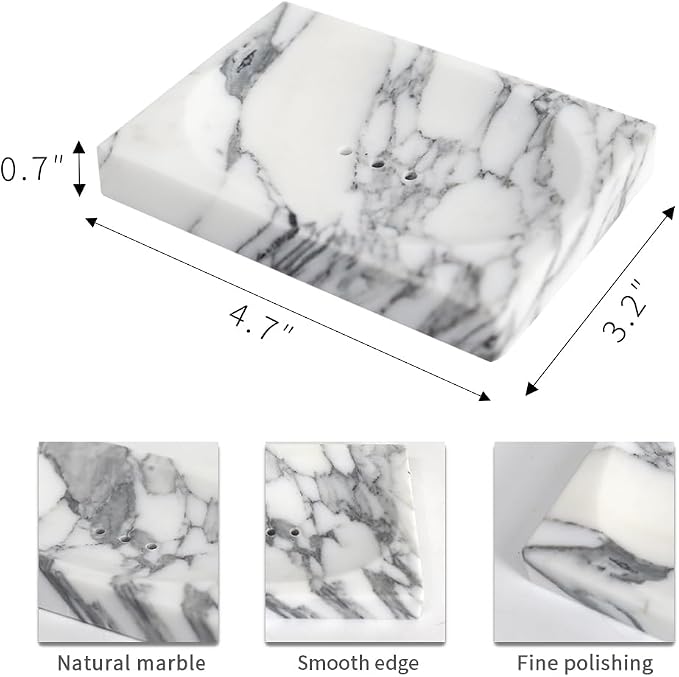 Luxurious Natural Marble Soap Dish Tray Marble Soap Holder Trinket Plate for Bathroom Sink Kitchen Countertop Bedroom Vanity Bathroom Accessory Rectangular (2 Pack)