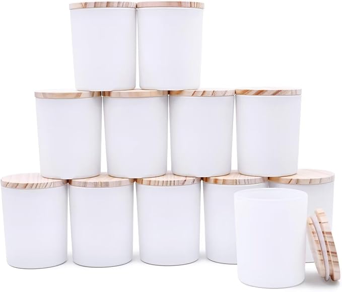 SHOWIN Thick Candle Jars for Making Candles 12 Pcs, 7 OZ Empty Jars with Wood Lids for Candle Making, Sample Container, Matte White