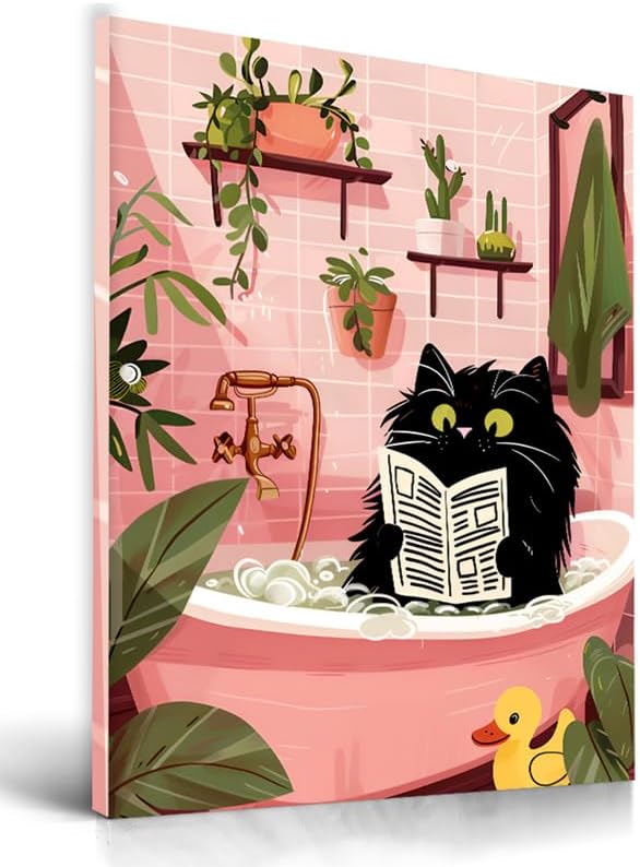 UPWOIGH Cute Black Cat Bathtub Bathroom Wall Art, Cat Reading Newspaper Poster, Pink Bathroom Decor with Plants, Wood Framed Canvas 12x16 Inch