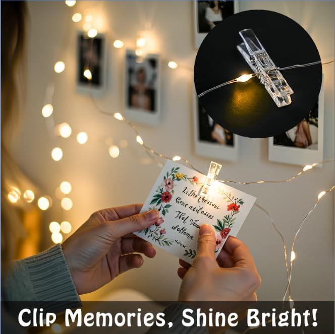 SUDDUS 16ft 50LED Fairy Lights with 22 Clips, Battery/USB Operated Photo Twinkle Lights with Remote Control & Timer, Waterproof Indoor Outdoor String Lights for Wedding Bedroom Dorm Decor (Warm White)