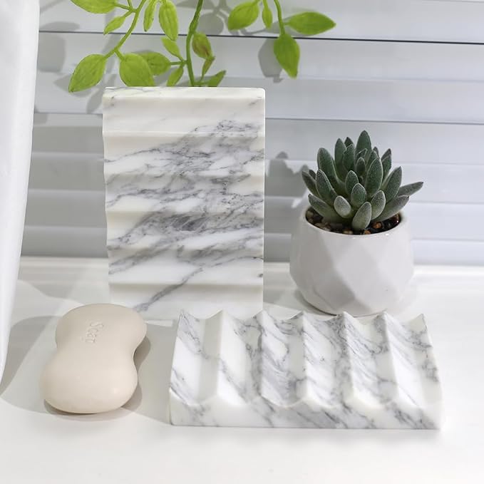 Luxurious Natural Marble Soap Dish Tray Marble Soap Holder Trinket Plate for Bathroom Sink Kitchen Countertop Bedroom Vanity Bathroom Accessory Rectangular (2 Pack)