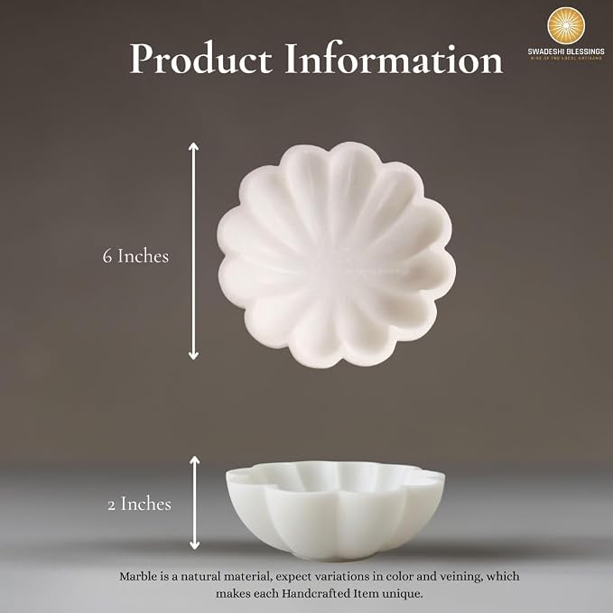 SWADESHI BLESSINGS HandCrafted Marble Decorative Bowl | White Ruffle Scalloped Fluted Key/Fruit Ring Dish | Organic Modern Home Decor (6 Inches)