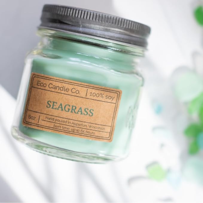 ECO CANDLE CO. Mason Jar Candle, Seagrass, 8 oz. - Scents of Coconut, Jasmine, Eucalyptus, Vetiver, Driftwood, & Seaweed - 100% Soy Wax, No Lead, Kraft Label & Antiqued Pewter Lid, Hand Made