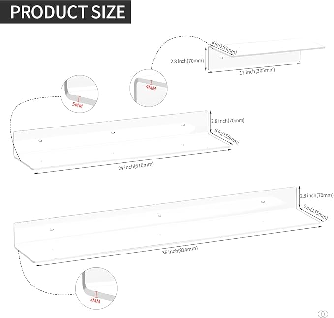 Sezanrpt Acrylic Wall Shelves 36 24 12 Inches, Clear Floating Shelf for Wall, Wall Mounted Display Shelves for Plants, Radio, Funko Pop, Stuffed Animal, Books, Clock, Cosmetics, Toiletries