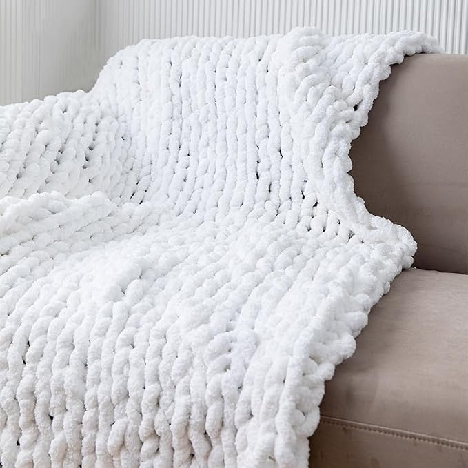 Soft Chunky Knit Throw Blanket for Couch, Cozy Warm Knitted Blankets | Hand Knit with Jumbo Chenille, Lightweight Warm Fluffy Decor for Women, Mom, Her & Girls, Sofa, Chair, Bed, 40"×60" (White)