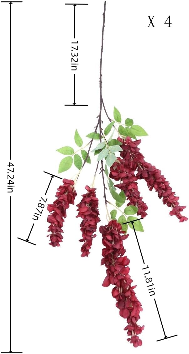 4pcs 47.2-inch Artificial Fake Wisteria Hanging Flower Garland Silk Flower String Home Party Decoration White Blue Pink Purple (Crimson)