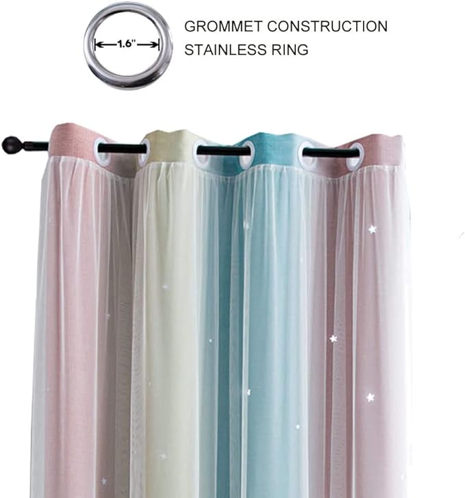 FANLI Ombre Rainbow Blackout Curtains for Kid Girls Bedroom Living Room Darking Stripe Double Layer Star Cut Out Wall Home Decor Gradient Grommet Window Curtains (Pink/Blue, 52W x 84L)