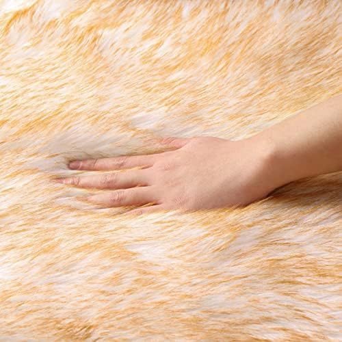 Faux Fur Sheepskin Runner Rug White Yellow 2x6 ft Ultra Soft Shaggy Plush Fluffy Fuzzy Area Carpet Decorative Chair Cover Floor Mat for Bedroom Sofa Living Room Bedside