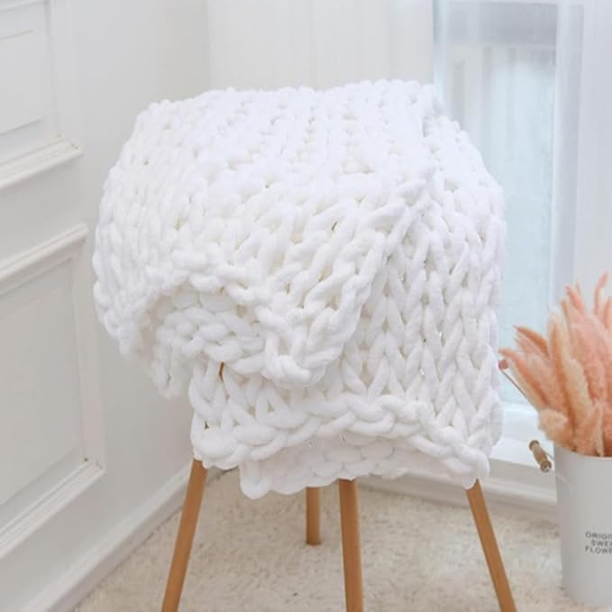 Soft Chunky Knit Throw Blanket for Couch, Cozy Warm Knitted Blankets | Hand Knit with Jumbo Chenille, Lightweight Warm Fluffy Decor for Women, Mom, Her & Girls, Sofa, Chair, Bed, 40"×60" (White)