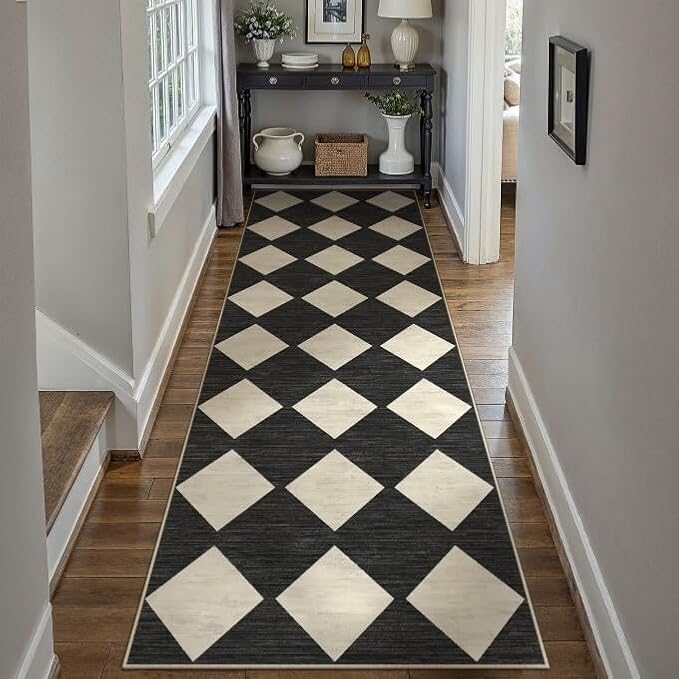 PureCozy Checkered 3x8 Runner Rug for Hallways Black and White Washable Long Carpet Non-Slip Low Pile Modern Soft Indoor Accent Throw Rugs for Entrance Kitchen Bedroom Dining Laundry