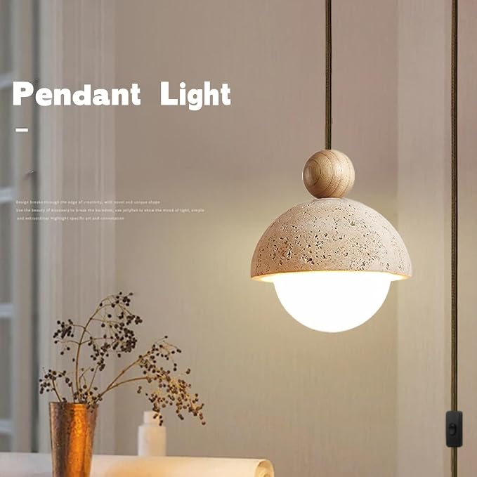 Plug In Wabi Sabi Pendant Light Japanese Retro Vintage Style Spherical Natural Stone Yellow Travertine Hanging Lamp Plug In For Girl's Room Kitchen Island Dining Room Bedroom G9 Light Mini Cement