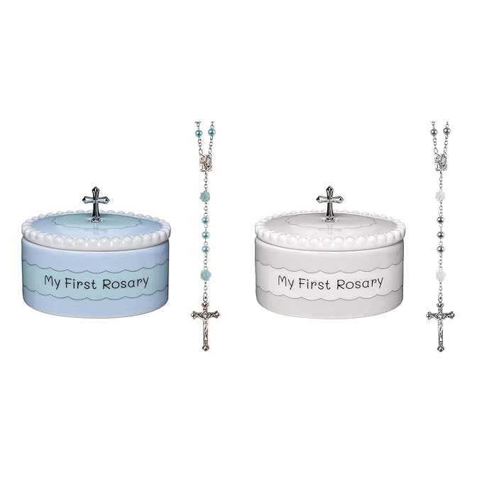 My First Rosary and Keepsake Box Set White and Blue – Catholic Baptism Gifts for Boys, Blessed First Communion Gifts for Boys or Girl, Christening from Godparents