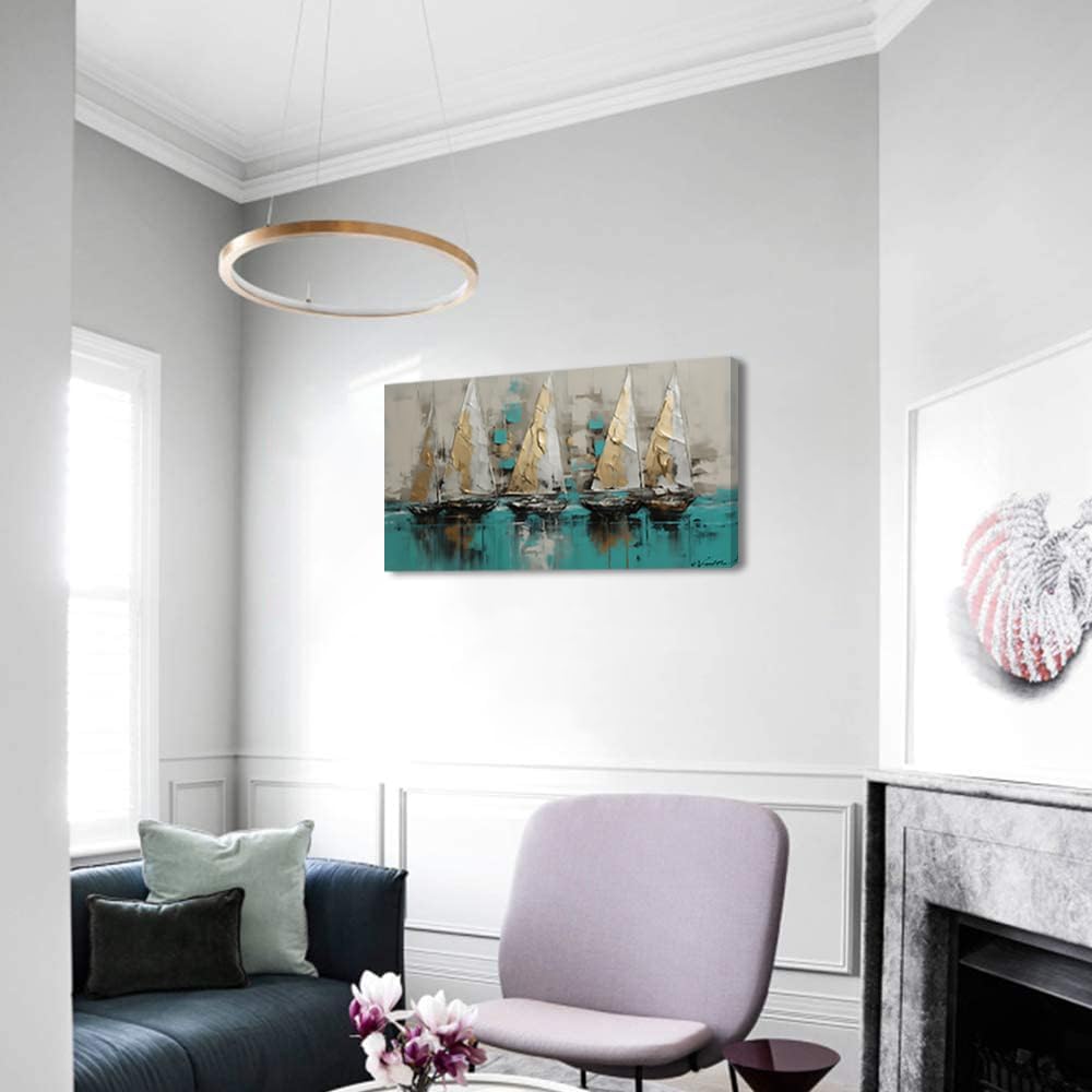 LASMOND Framed canvas wall art Large Boats for living room Nature bedroom Decor Ocean landscape sailboat Canvas painting Ready to Hang Office Home Decoration sea poster Pictures(20x40 Inches)