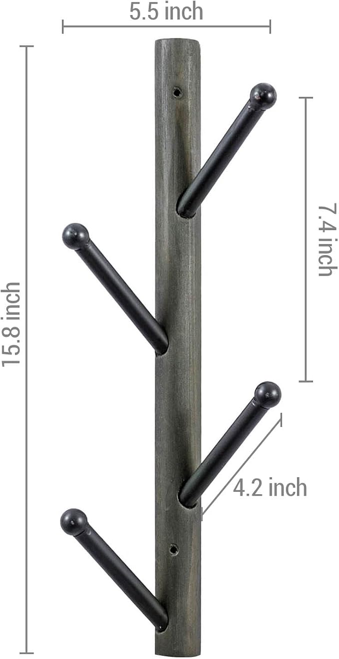 MyGift Wall Mounted Coat Rack Tree, Vintage Gray Weathered Solid Wood and Black Metal Hat Hanger with 4 Hooks, Vertical Entryway Hanging Garment Rack with Branch Style Hooks, Set of 2