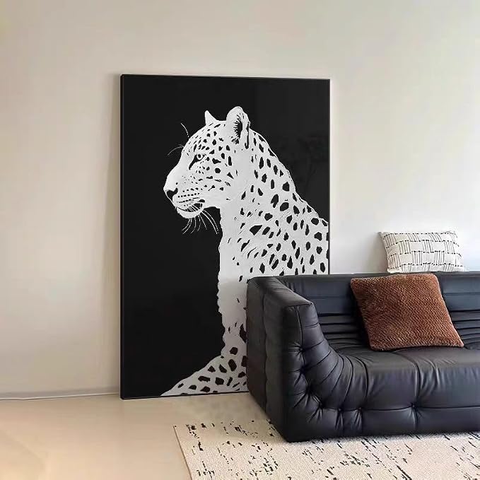 YaSheng Art : Hand Painted Oil Painting,Canvas Wall Art, Modern Black and White Leopard Wall Art Canvas, Large Contemporary Wildlife Home Decor Wall Art for Living Room, 24x36 inches