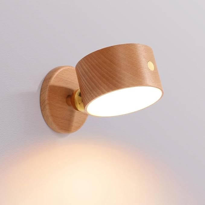 LANDGOO Wood Wall Sconce, Sapele Wood Magnetic 360° Rotatable Cordless Bedside Lamp Set, Rechargeable & Dimmable LED Lights with Touch Control, Wireless Wall Mount for Bedroom