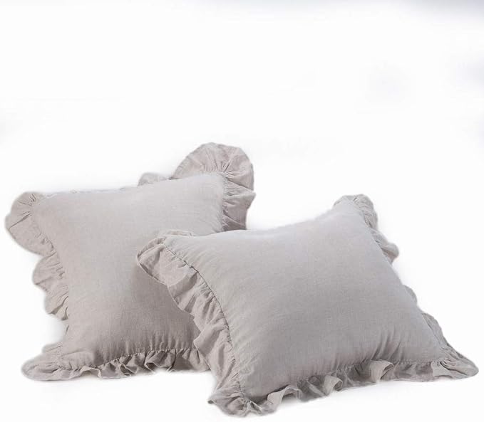 meadow park Stone Washed French Linen European Pillow Shams, Set of 2 Pieces, 26 inches x 26 inches Square Euro Sham, Super Soft, Ruffled Style, Natural Color