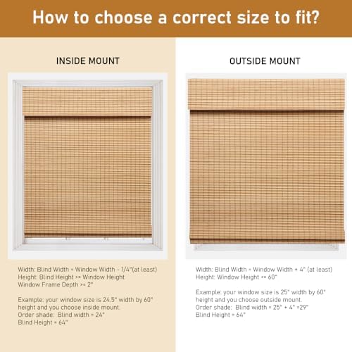 SEEYE Cordless Bamboo Roman Shades, Blackout Natural Bamboo Blinds for Indoor Windows, Roll Up Blind Privacy Shade for Home, Office, Door, UV Resistant & Easy to Install, 35" W x 64" H, Carbonized