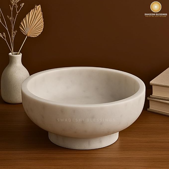 SWADESHI BLESSINGS Handcrafted Large Decorative Bowl for Home Decor, Marble Fruit Bowl for Kitchen Counter, Key Bowl for Entryway Table, Marble Pedestal Bowl for Dining Table Centerpiece Decor, 10.5”