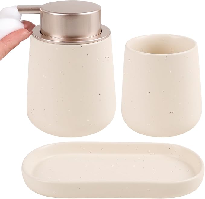 BosilunLife Ceramic Bathroom Accessories Set 3 Pcs, Foaming Soap Dispenser and Toothbrush Holder with Tray, Modern Farmhouse Vanity Decor, Apricot Housewarming Gift