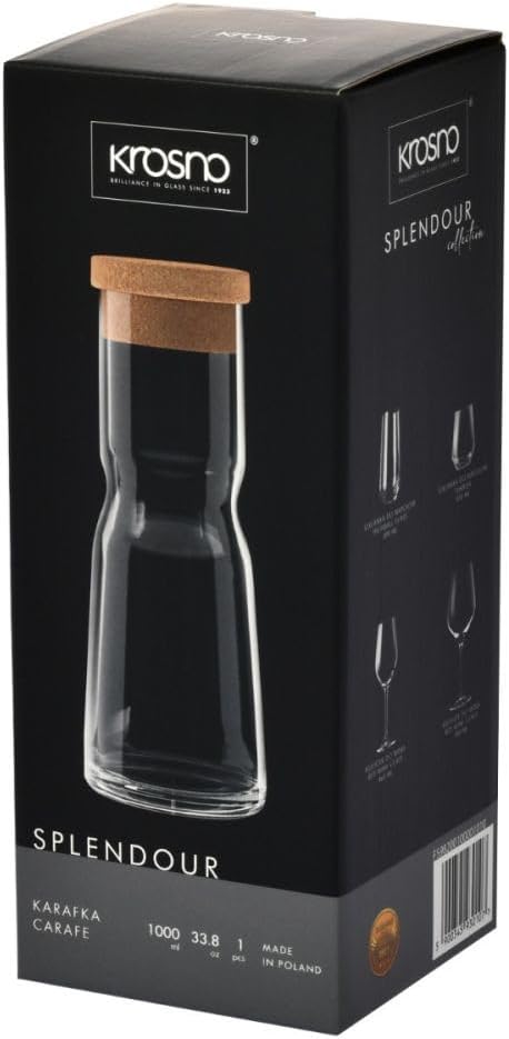 Krosno Glass Water Carafe With Natural Cork Stopper, 33.8 oz, Splendour Collection, Water and Juice, Birthday, Celebration, Party, Restaurant, Everyday Use, Dishwasher Safe, Made in Europe
