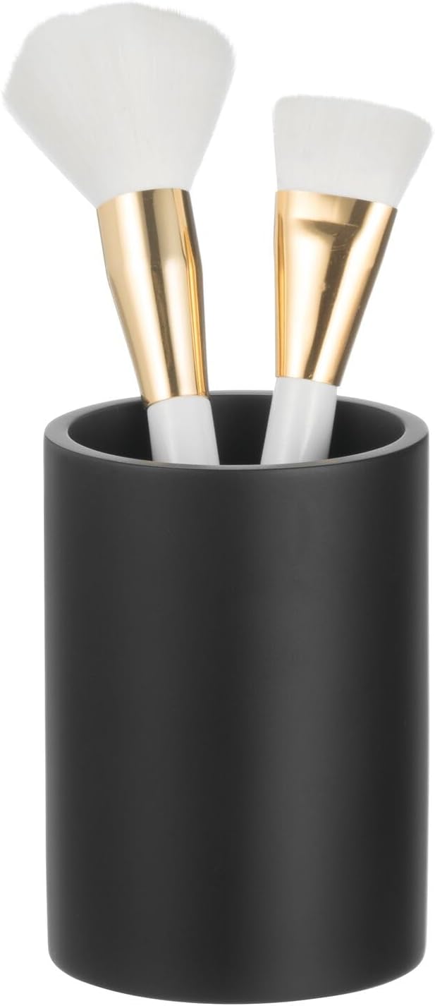 mDesign Resin 3-Piece Bathroom Vanity Countertop Accessories - Soap Dispenser, Tumbler Rinsing Cup, and Canister Holder Sets - Complete Modern Counter Aesthetic - Set of 3 - Black