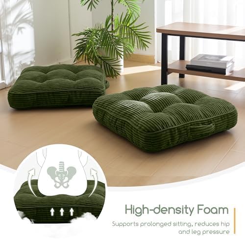 HIGOGOGO Floor Pillow Cushion for Adults, Meditation Cushion Pillow, Large Square Floor Sitting, Tufted Corduroy Cover, for Tatami Living Room or Yoga, 2Pack, Dark Green