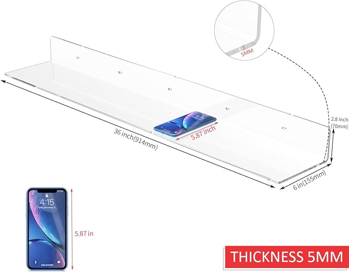 Sezanrpt 36 Inches Acrylic Wall Shelves 2 Pack, Floating Shelf for Wall Mounting, Acrylic Display Ledges for Funko Pop Figures, Home Décor, Living Room, Gaming Room, Plants(36 inch, Clear)