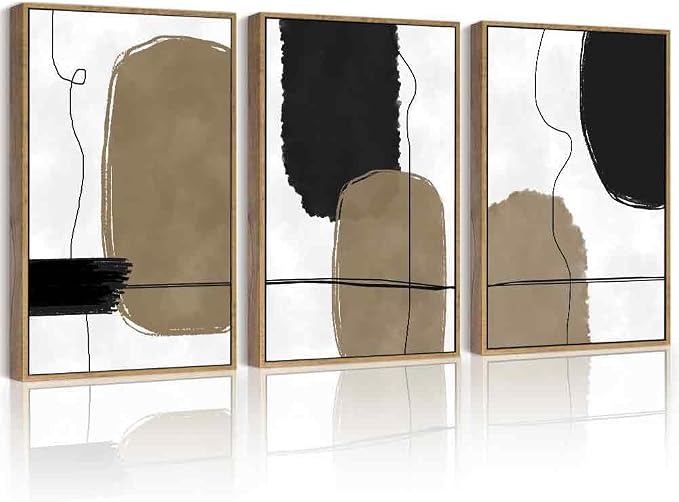PHOPAGO Abstract Framed Wall Art Large 16x24in Neutral Beige Mid Century Textured Artwork Black Minimalist Line Modern Illustrations Prints Home Decor - Natural Framed
