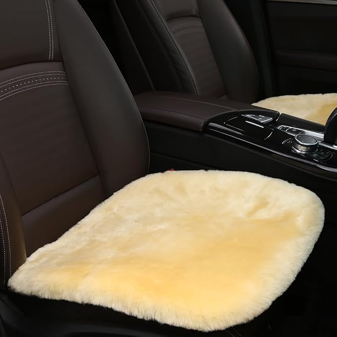 OGLAND Fuzzy Genuine Sheepskin Car Seat Cover for Auto Seat Cushion Pad Interior Accessories with Soft Fluffy Wool Natural Fur (Golden Yellow, Front)