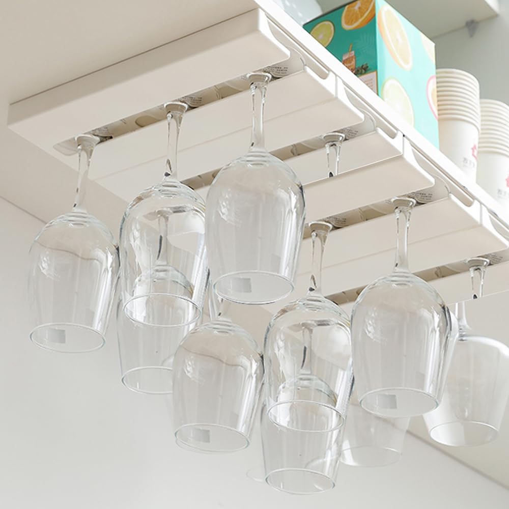 4 Pcs Wine Glass Holder Under Shelf or Cabinet Punch-free,Stemware Rack Glassware Drying Storage Hanger for Kitchen,Bar and Restaurant (White) ﻿