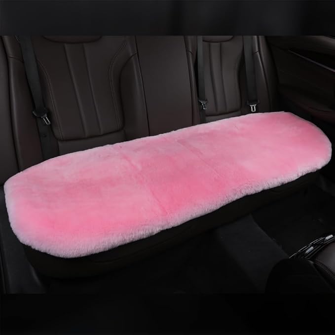 OGLAND Fuzzy Genuine Sheepskin Car Rear Seat Cover for Women Kids Dogs Pets Auto Bench Back Cushion Interior Accessories with Soft Fluffy Wool Natural Fur, Pink