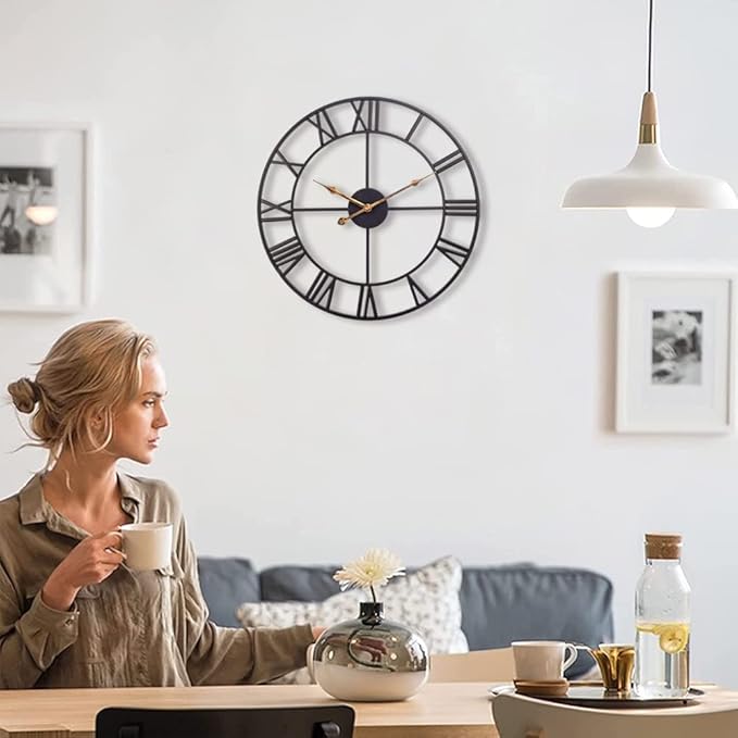 Large Industrial Wall Clock with Roman Numerals, Indoor Silent Non-Ticking Retro Clock, Vintage Metal Decorative Black Metal Art Clock Battery Operated for Home Kitchen Cafe Hotel Office Decor