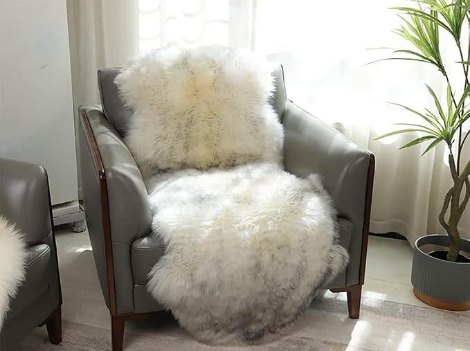 HUAHOO Premium Genuine Sheepskin Rug White Grey Real Australia Sheepskin Natural Luxury Fluffy Lambskin Fur Area Rug Seat Covers for Kids Bedroom Sofa Chair Cover Double Pelt/2' x 6' Wolf Tip