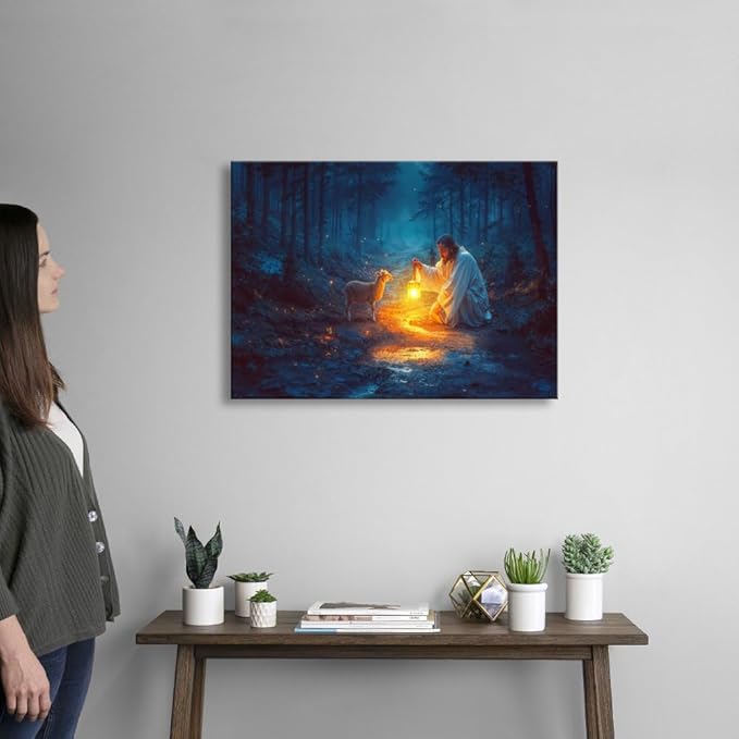 Christian wall art decor for prayer room ,Jesus and Lamb canvas Wall decor, Jesus Running After Lost Lamb Picture for Home Decor, Baptism gifts for boys-girl, serenity prayer wall art A-393 (24"X16")
