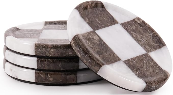 Marble Coasters Set of 4, White & Oceanic Handmade 4 inch Round Stone Coaster, Drink Checkered Coaster Plates for Coffee Table, Stylish Bar Accessories & Modern Home Décor