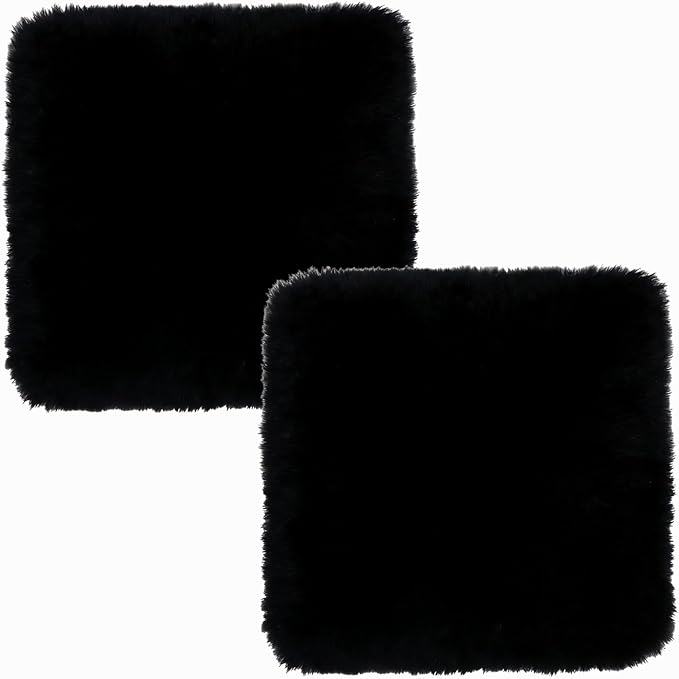 Luxury Soft 2Pack Square Fur Real Sheepskin Chair Pad 18"*18" Black | Natural Fluffy Sheepskin Chair Seat Pad Non-slip Design For Room Tables Chair Dining Chair Dressing Chair Car Seat