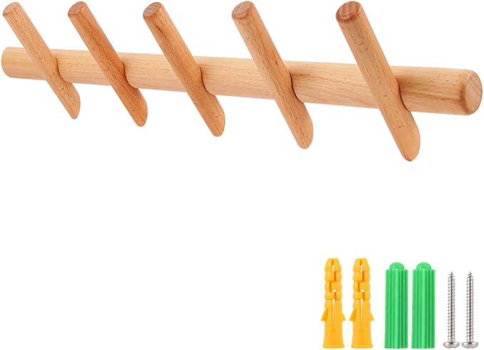 Modern Wood Coat and Hat Rack - Wall Mounted - 5 Peg Hooks - Stylish, Natural, Smooth